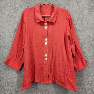 Fridaze Medium Linen Redefined Red Coral Button Front Collared Shirt Blouse Top
